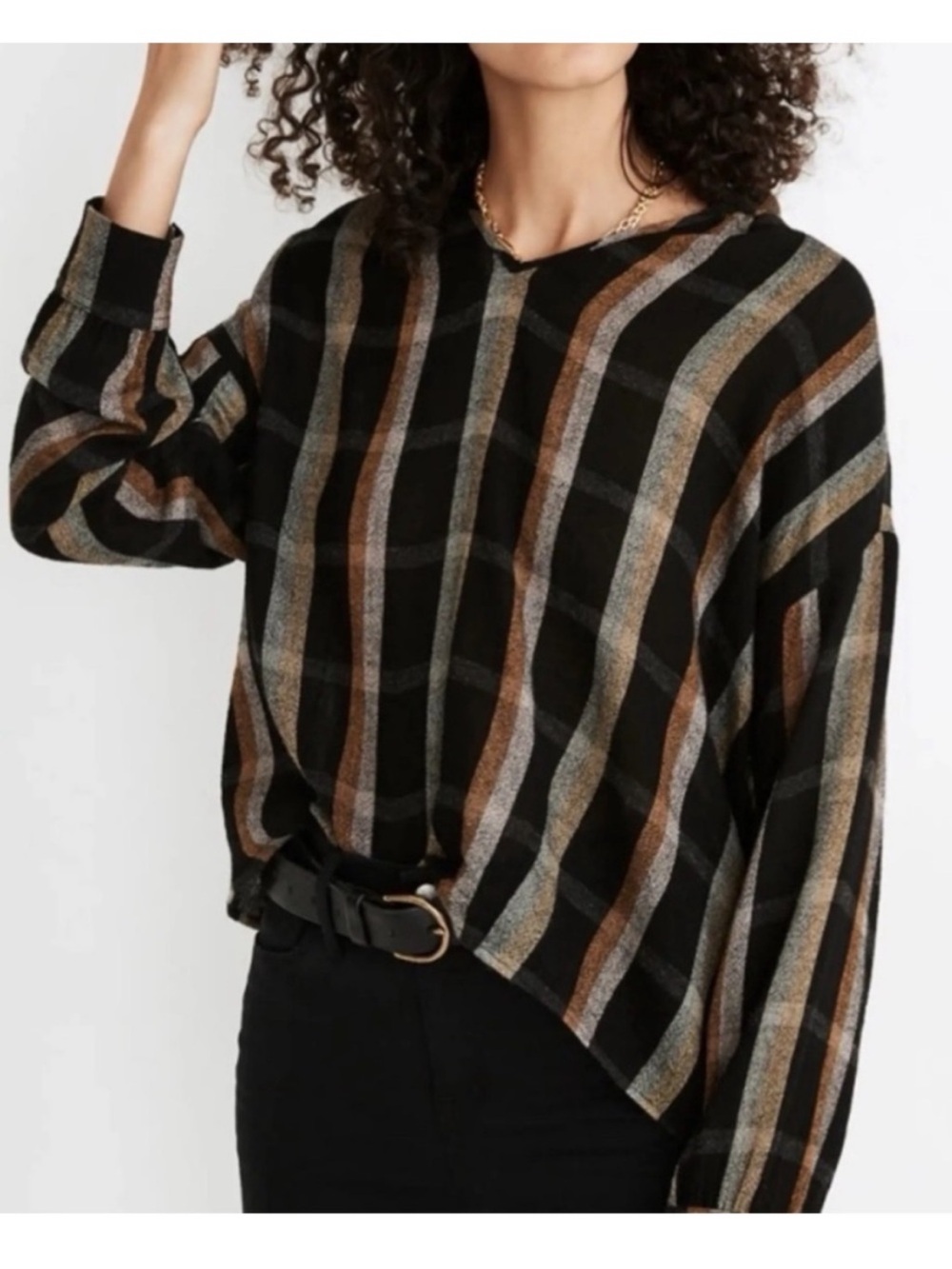 Madewell Highroad Popover Top Black Tan Stripe NWT Size M Lightweight Blouse